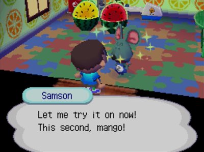 Samson: Let me try it on now! This second, mango!