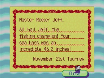 Master Reeler Jeff, All hail Jeff, the fishing champion! Your sea bass was an incredible 46.2 inches! November 21st Tourney