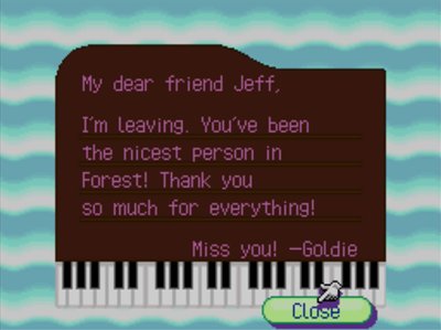 My dear friend Jeff, I'm leaving. You've been the nicest person in Forest! Thank you so much for everything! Miss you! -Goldie