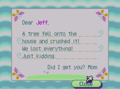 Dear Jeff, A tree fell onto the house and crushed it! We lost everything! Just kidding. Did I get you? -Mom