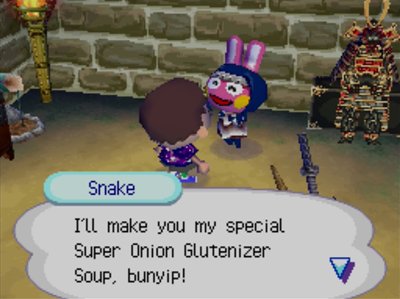 Snake: I'll make you my special Super Onion Glutenizer Soup, bunyip!