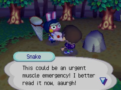 Snake: This could be an urgent muscle emergency! I better read it now, aaurgh!