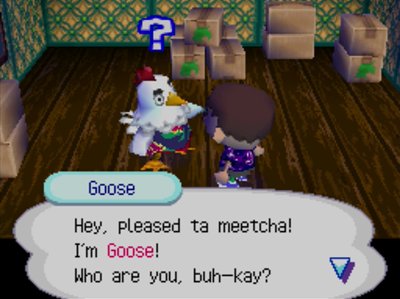 Goose: Hey, pleased ta meetcha! I'm Goose! Who are you, buh-kay?