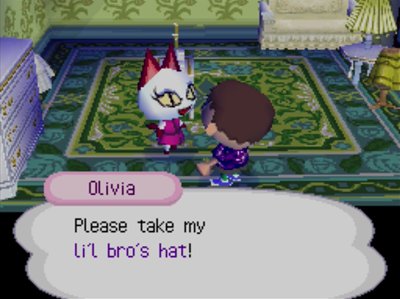 Olivia: Please take my li'l bro's hat!