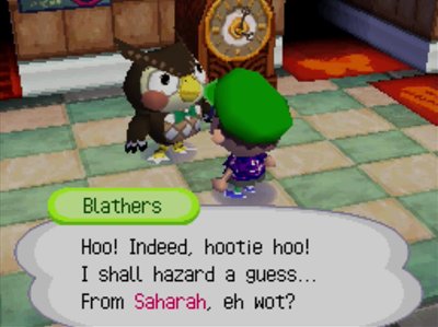 Blathers: Hoo! Indeed, hootie hoo! I shall hazard a guess... From Saharah, eh wot?