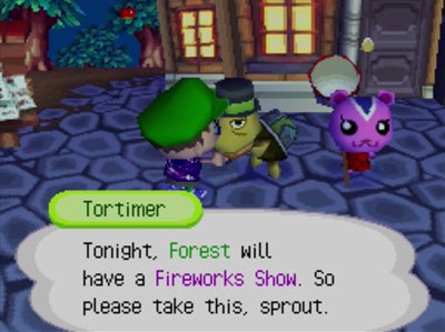 Tortimer: Tonight, Forest will have a fireworks show. So please take this, sprout.