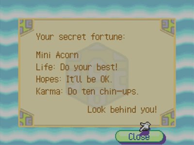 Your secret fortune: Mini Acorn.
Life: Do your best!
Hopes: It'll be OK.
Karma: Do ten chin-ups. 
Look behind you!