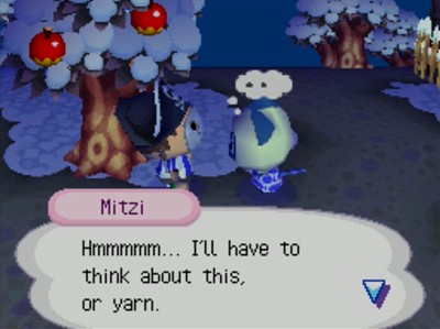 Mitzi: Hmmmmm... I'll have to think about this, or yarn.