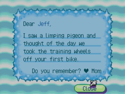 Dear Jeff, I saw a limping pigeon and thought of the day we took the training wheels off your first bike. Do you remember? -Mom