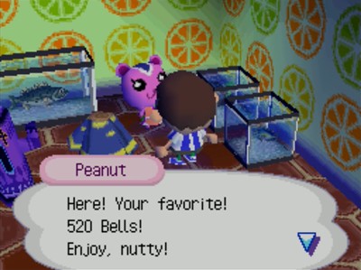 Peanut: Here! Your favorite! 520 bells! Enjoy, nutty!