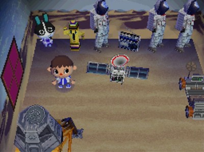 The inside of Dotty's house in Animal Crossing: Wild World, with space furniture in a desert setting.