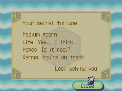 Your secret fortune: Medium Acorn. Life: Yes... I think. Hopes: Is it real? Karma: You're on track. Look behind you!