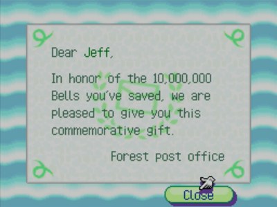 Dear Jeff, In honor of the 10,000,000 bells you've saved, we are pleased to give you this commemorative gift. -Forest post office