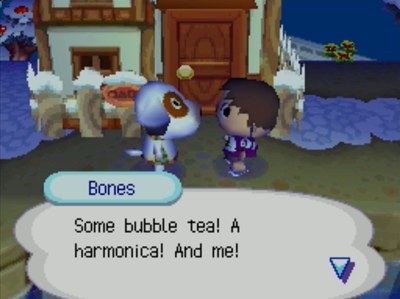 Bones: Some buble tea! A harmonica! And me!