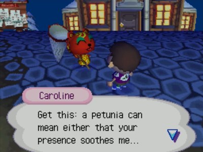 Caroline: Get this: a petunia can mean either that your presence soothes me...