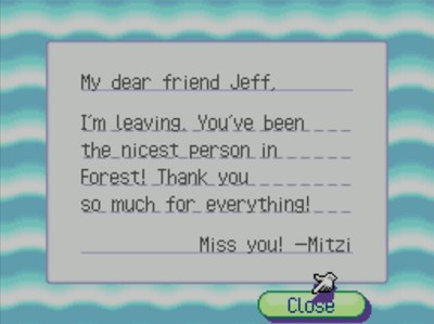 My dear friend Jeff, I'm leaving. You've been the nicest person in Forest! Thank you so much for everything! Miss you! -Mitzi