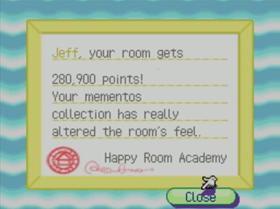 Jeff, your room gets 280,900 points! Your mementos collection has really altered the room's feel. -Happy Room Academy