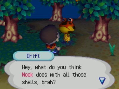 Drift: Hey, what do you think Nook does with all those shells, brah?