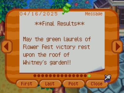 **Final Results** May the green laurels of Flower Fest victory rest upon the roof of Whitney's garden!!