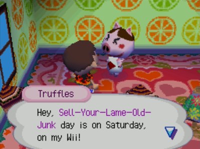Truffles: Hey, Sell-Your-Lame-Old-Junk day is on Saturday, on my Wii!