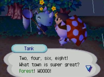 Tank: Two, four, six, eight! What town is super great? Forest! WOOOO!