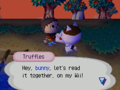Truffles: Hey, bunny, let's read it together, on my Wii!
