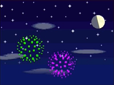 Green and purple fireworks explode in the sky during the fireworks festival in Animal Crossing: Wild World.