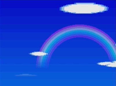 A rainbow appears in the sky in Animal Crossing: Wild World (ACWW).