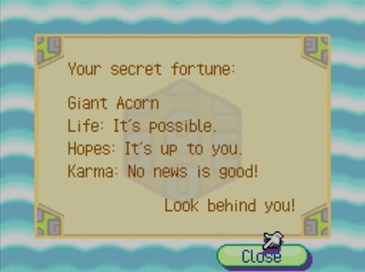 Your secret fortune: Giant Acorn. Life: It's possible. Hopes: It's up to you. Karma: No news is good! Look behind you!