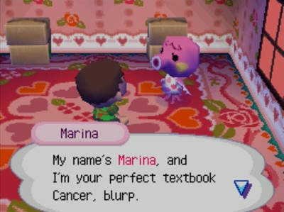 Marina: My name's Marina, and I'm your perfect textbook Cancer, blurp.