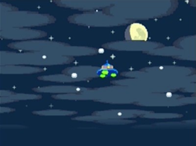 Gulliver's UFO, flying through the snow in Animal Crossing: Wild World.