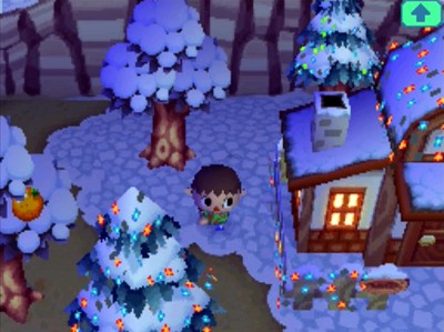 Robin's house decorated for Bright Nights in Animal Crossing: Wild World.