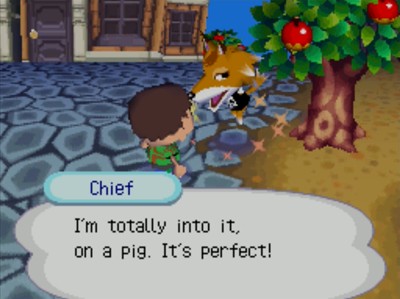 Chief, as he puts on a skull shirt: I'm totally into it, on a pig. It's perfect!