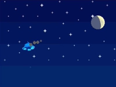 The UFO falls from the sky after being shot by a slingshot.