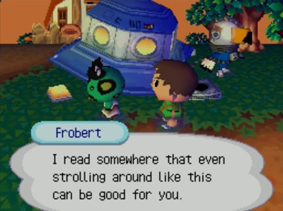 Frobert, next to a crashed UFO: I read somewhere that even strolling around like this can be good for you.