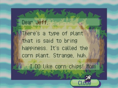 Dear Jeff, There's a type of plant that is said to bring happiness. It's called the corn plant. Strange, huh. I DO like corn chips! -Mom