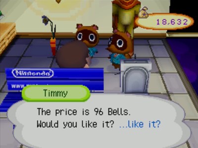 Timmy, talking about a Nintendo bench: The price is 96 bells. Would you like it? ...like it?