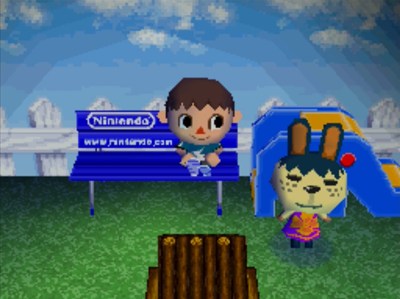 Sitting on a Nintendo bench in Pippy's house.