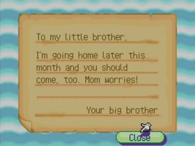 To my little brother, I'm going home later this month and you should come, too. Mom worries! -Your big brother