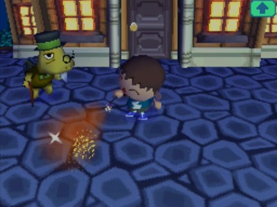 Jeff using a Roman candle while standing next to Tortimer at the fireworks festival.