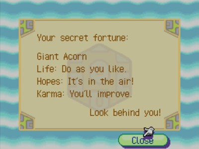 Your secret fortune: Giant Acorn. Life: Do as you like. Hopes: It's in the air! Karma: You'll improve. Look behind you!