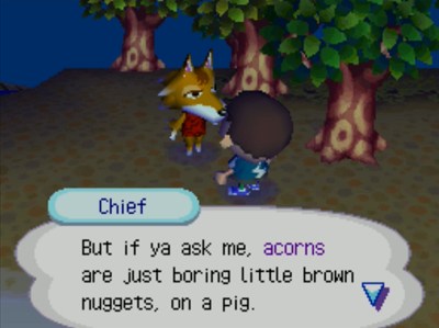 Chief: But if ya ask me, acorns are just boring little brown nuggets, on a pig.