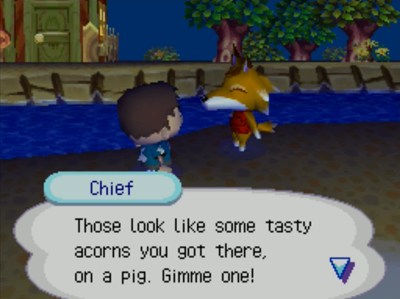 Chief: Those look like some tasty acorns you got there, on a pig. Gimme one!