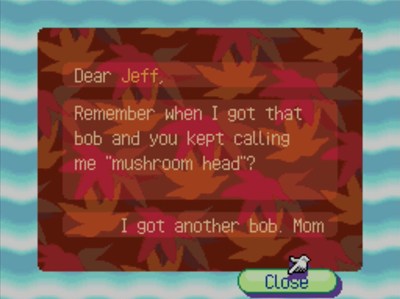Dear Jeff, Remember when I got that bob and you kept calling me mushroom head? I got another bob. -Mom