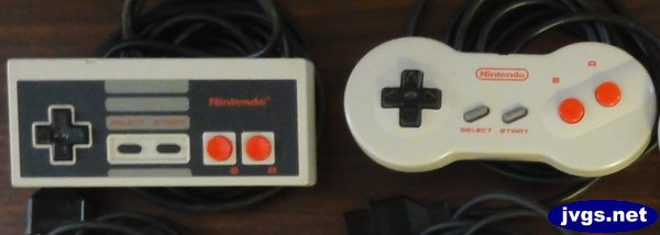 Original rectangular NES controller (left) and "dog bone" controller (right).