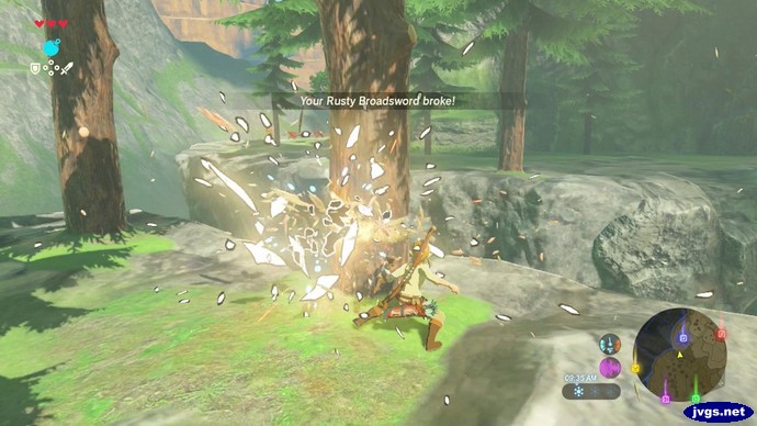 Link's rusty broadsword breaks while trying to cut a tree down.