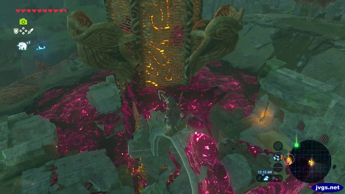 Link stands on an arch near Akkala Tower in The Legend of Zelda: Breath of the Wild.