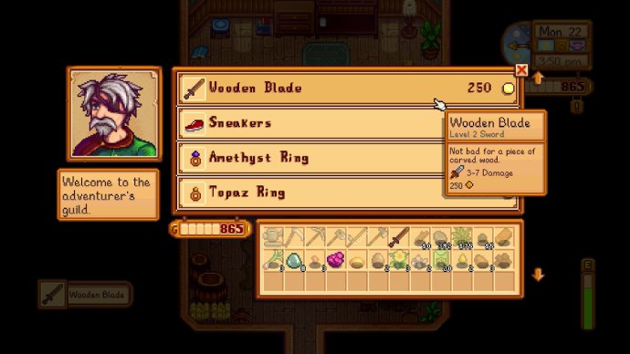Buying the wooden blade sword at the adventurer's guild in Stardew Valley for Nintendo Switch.