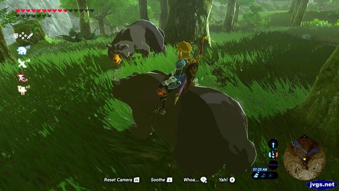 Link, riding a bear, approaches another bear in Zelda BOTW.