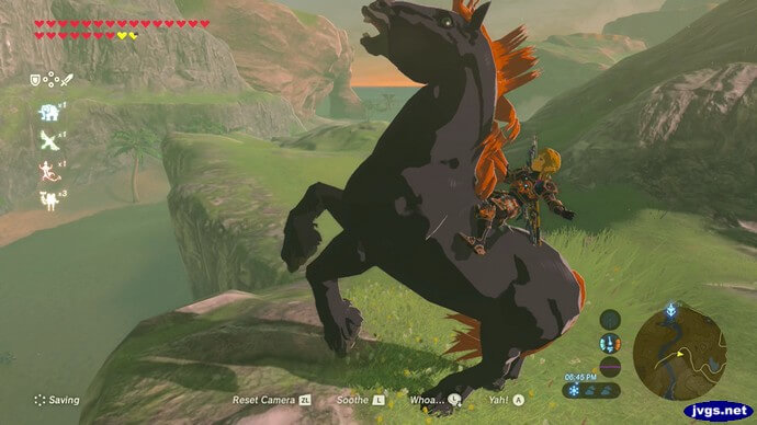 Link rides Big Red, the giant horse in Zelda BOTW.